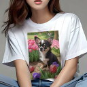 チワワ Tシャツ レディース 犬ファン 半袖 春夏 犬柄 プリント カジュアル かわいい 人間用 個性派 ここだけのデザイン 面白 チューリップ チワワ 庭 花 蝶