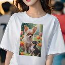 チワワ Tシャツ レディース 犬ファン 半袖 春夏 犬柄 プリント カジュアル かわいい 人間用 個性派 ここだけのデザイン 面白 チューリップ チワワ 庭