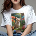 チワワ Tシャツ レディース 犬ファン 半袖 春夏 犬柄 プリント カジュアル かわいい 人間用 個性派 ここだけのデザイン 面白 チューリップ チワワ 庭 蝶