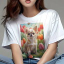 チワワ Tシャツ レディース 犬ファン 半袖 春夏 犬柄 プリント カジュアル かわいい 人間用 個性派 ここだけのデザイン 面白 チューリップ チワワ 蝶