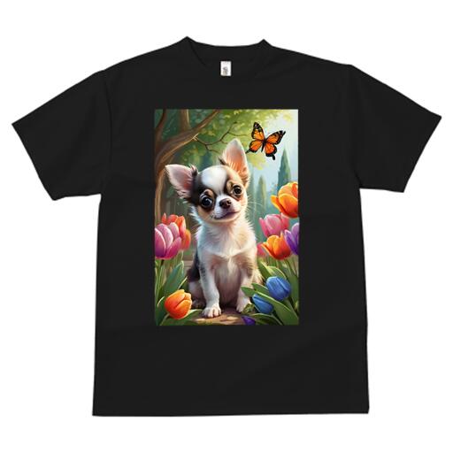 チワワ Tシャツ メンズ キッズ 犬ファン 半袖 春夏 犬柄 プリント カジュアル かわいい 人間用 個性派 ここだけのデザイン 面白 チューリップ チワワ 蝶 春 花