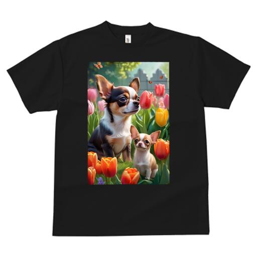 チワワ Tシャツ メンズ キッズ 犬ファン 半袖 春夏 犬柄 プリント カジュアル かわいい 人間用 個性派 ここだけのデザイン 面白 チューリップ チワワ 庭 春 花