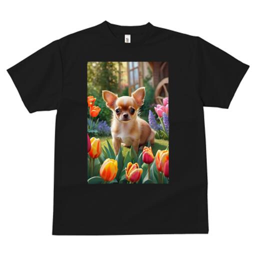 チワワ Tシャツ メンズ キッズ 犬ファン 半袖 春夏 犬柄 プリント カジュアル かわいい 人間用 個性派 ここだけのデザイン 面白 チューリップ チワワ 花 庭 春