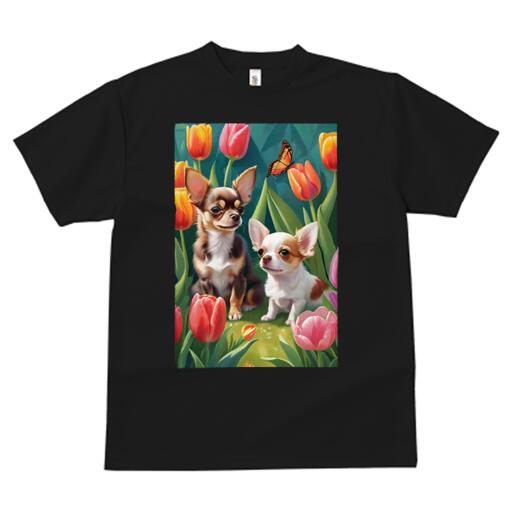 チワワ Tシャツ メンズ キッズ 犬ファン 半袖 春夏 犬柄 プリント カジュアル かわいい 人間用 個性派 ここだけのデザイン 面白 チューリップ チワワ 蝶