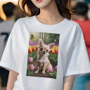 チワワ Tシャツ レディース 犬ファン 半袖 春夏 犬柄 プリント カジュアル かわいい 人間用 個性派 ここだけのデザイン 面白 チューリップ チワワ 蝶