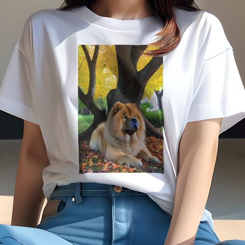 チャウチャウ Tシャツ レディース 犬ファン 半袖 春夏 犬柄 プリント カジュアル かわいい 人間用 個性派 ここだけのデザイン 面白 秋 チャウチャウ 木 葉