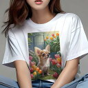 チワワ Tシャツ レディース 犬ファン 半袖 春夏 犬柄 プリント カジュアル かわいい 人間用 個性派 ここだけのデザイン 面白 チューリップ チワワ 花 庭 春