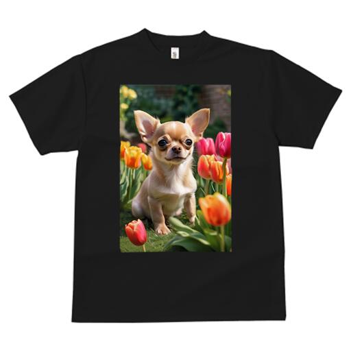 チワワ Tシャツ メンズ キッズ 犬ファン 半袖 春夏 犬柄 プリント カジュアル かわいい 人間用 個性派 ここだけのデザイン 面白 チューリップ チワワ 花