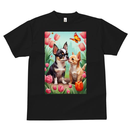 チワワ Tシャツ メンズ キッズ 犬ファン 半袖 春夏 犬柄 プリント カジュアル かわいい 人間用 個性派 ここだけのデザイン 面白 チューリップ チワワ 蝶 花 春