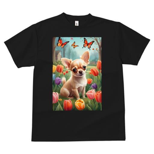 チワワ Tシャツ メンズ キッズ 犬ファン 半袖 春夏 犬柄 プリント カジュアル かわいい 人間用 個性派 ここだけのデザイン 面白 チューリップ チワワ 蝶 春 花畑