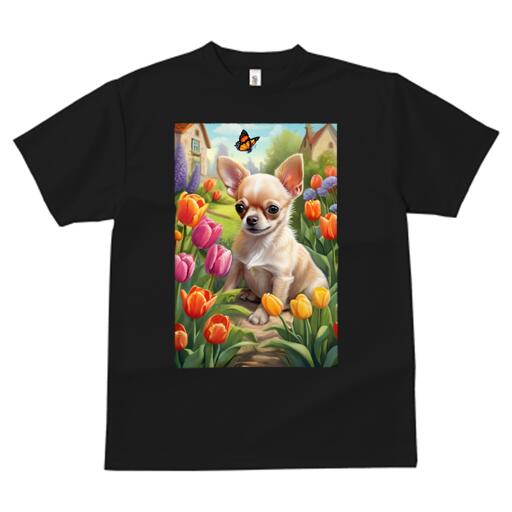 チワワ Tシャツ メンズ キッズ 犬ファン 半袖 春夏 犬柄 プリント カジュアル かわいい 人間用 個性派 ここだけのデザイン 面白 チューリップ チワワ 花 庭 蝶