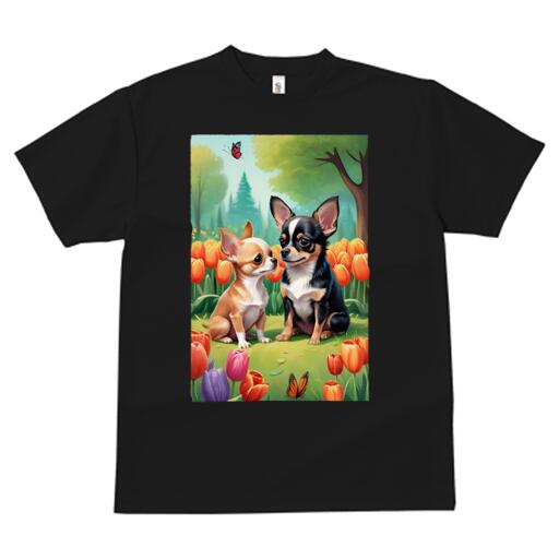 チワワ Tシャツ メンズ キッズ 犬ファン 半袖 春夏 犬柄 プリント カジュアル かわいい 人間用 個性派 ここだけのデザイン 面白 チューリップ チワワ 蝶 公園