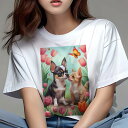 チワワ Tシャツ レディース 犬ファン 半袖 春夏 犬柄 プリント カジュアル かわいい 人間用 個性派 ここだけのデザイン 面白 チューリップ チワワ 蝶 花 春