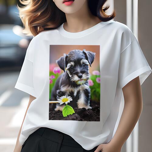 ミニチュアシュナウザー Tシャツ レディース 犬ファン 半袖 春夏 犬柄 プリント カジュアル かわいい 人間用 個性派 ここだけのデザイン 面白 花 ミニチュアシュナウザー デイジー 土
