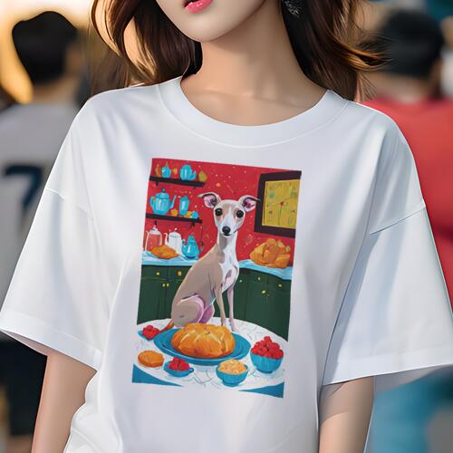 イタリアングレーハウンド Tシャツ レディース 犬ファン 半袖 春夏 犬柄 プリント カジュアル かわいい 人間用 個性派 ここだけのデザイン 面白 ティーポット イタリアングレーハウンド 焼き菓子 ケーキ キッチン