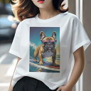 フレンチブルドッグ Tシャツ レディース 犬ファン 半袖 春夏 犬柄 プリント カジュアル かわいい 人間用 個性派 ここだけのデザイン 面白 サングラス フレンチブルドッグ サーフィン 波 海