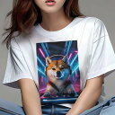 柴犬 Tシャツ レディース 犬ファン 半袖 春夏 犬柄 プリント カジュアル かわいい 人間用 個性派 ここだけのデザイン 面白 DJ 柴犬 ヘッドホン ターンテーブル ネオンライト
