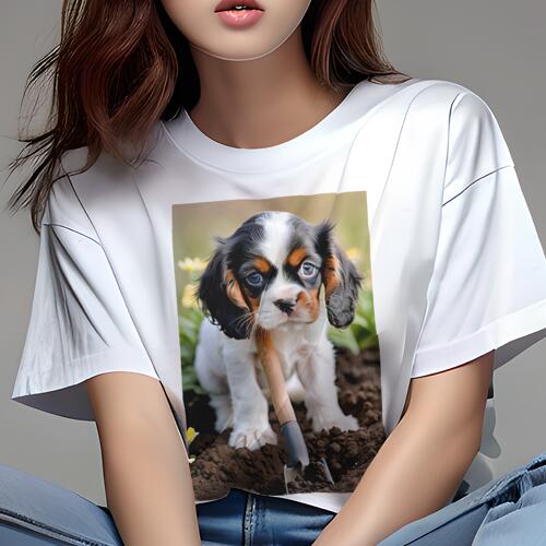 キャバリア Tシャツ レディース 犬ファン 半袖 春夏 犬柄 プリント カジュアル かわいい 人間用 個性派 ここだけのデザイン 面白 土 キャバリア 庭 シャベル 花