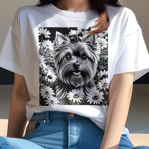 ヨークシャーテリア Tシャツ レディース 犬ファン 半袖 春夏 犬柄 プリント カジュアル かわいい 人間用 個性派 ここだけのデザイン 面白 花 ヨークシャーテリア デイジー