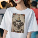 Tシャツ レディース 犬ファン 半袖 春夏 犬柄 プリント カジュアル かわいい 人間用 個性派 ここだけのデザイン 面白 ピエロ サーカス 帽子 衣装 メイクアップ
