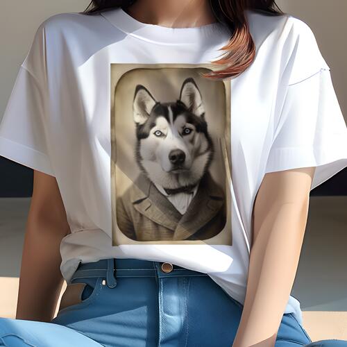 シベリアンハスキー Tシャツ レディース 犬ファン 半袖 春夏 犬柄 プリント カジュアル かわいい 人間用 個性派 ここだけのデザイン 面白 スーツ シベリアンハスキー 肖像画 ヴィンテージ