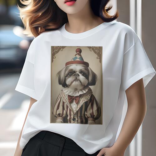シーズー Tシャツ レディース 犬ファン 半袖 春夏 犬柄 プリント カジュアル かわいい 人間用 個性派 ここだけのデザイン 面白 ピエロ シーズー サーカス 帽子 衣装