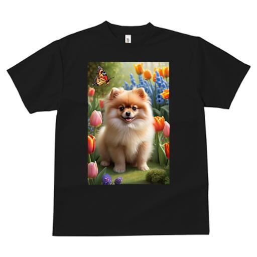 ポメラニアン Tシャツ メンズ キッズ 犬ファン 半袖 春夏 犬柄 プリント カジュアル かわいい 人間用 個性派 ここだけのデザイン 面白 チューリップ ポメラニアン 花 蝶