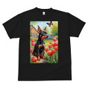 ミニチュアピンシャー Tシャツ メンズ キッズ 犬ファン 半袖 春夏 犬柄 プリント カジュアル かわいい 人間用 個性派 ここだけのデザイン 面白 チューリップ ミニチュアピンシャー 庭 蝶