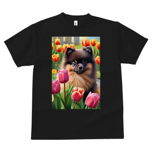 ポメラニアン Tシャツ メンズ キッズ 犬ファン 半袖 春夏 犬柄 プリント カジュアル かわいい 人間用 個性派 ここだけのデザイン 面白 チューリップ ポメラニアン 花 春 庭