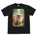 ポメラニアン Tシャツ メンズ キッズ 犬ファン 半袖 春夏 犬柄 プリント カジュアル かわいい 人間用 個性派 ここだけのデザイン 面白 チューリップ ポメラニアン 蝶 花 春