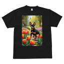 ミニチュアピンシャー Tシャツ メンズ キッズ 犬ファン 半袖 春夏 犬柄 プリント カジュアル かわいい 人間用 個性派 ここだけのデザイン 面白 チューリップ ミニチュアピンシャー 庭 花 蝶