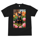 ミニチュアピンシャー Tシャツ メンズ キッズ 犬ファン 半袖 春夏 犬柄 プリント カジュアル かわいい 人間用 個性派 ここだけのデザイン 面白 チューリップ ミニチュアピンシャー 庭 蝶