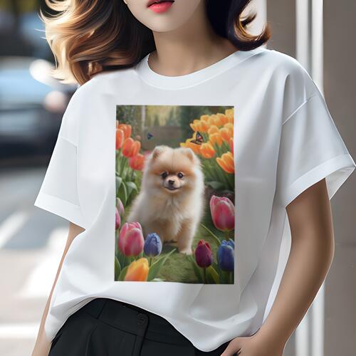 ポメラニアン Tシャツ レディース 犬ファン 半袖 春夏 犬柄 プリント カジュアル かわいい 人間用 個性派 ここだけのデザイン 面白 チューリップ ポメラニアン 蝶