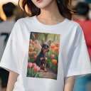 ミニチュアピンシャー Tシャツ レディース 犬ファン 半袖 春夏 犬柄 プリント カジュアル かわいい 人間用 個性派 ここだけのデザイン 面白 チューリップ ミニチュアピンシャー 庭 花