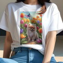 ポメラニアン Tシャツ レディース 犬ファン 半袖 春夏 犬柄 プリント カジュアル かわいい 人間用 個性派 ここだけのデザイン 面白 チューリップ ポメラニアン 花 春 蝶