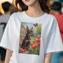 ミニチュアピンシャー Tシャツ レディース 犬ファン 半袖 春夏 犬柄 プリント カジュアル かわいい 人間用 個性派 ここだけのデザイン 面白 チューリップ ミニチュアピンシャー 庭 蝶