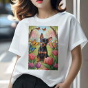 ミニチュアピンシャー Tシャツ レディース 犬ファン 半袖 春夏 犬柄 プリント カジュアル かわいい 人間用 個性派 ここだけのデザイン 面白 蝶 ミニチュアピンシャー チューリップ 花 春