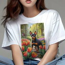 ミニチュアピンシャー Tシャツ レディース 犬ファン 半袖 春夏 犬柄 プリント カジュアル かわいい 人間用 個性派 ここだけのデザイン 面白 チューリップ ミニチュアピンシャー 庭 花 蝶
