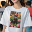 ミニチュアピンシャー Tシャツ レディース 犬ファン 半袖 春夏 犬柄 プリント カジュアル かわいい 人間用 個性派 ここだけのデザイン 面白 チューリップ ミニチュアピンシャー 庭 蝶