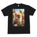 ポメラニアン Tシャツ メンズ キッズ 犬ファン 半袖 春夏 犬柄 プリント カジュアル かわいい 人間用 個性派 ここだけのデザイン 面白 チューリップ ポメラニアン 蝶 花 春