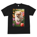 ポメラニアン Tシャツ メンズ キッズ 犬ファン 半袖 春夏 犬柄 プリント カジュアル かわいい 人間用 個性派 ここだけのデザイン 面白 チューリップ ポメラニアン 蝶
