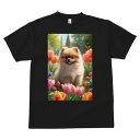 ポメラニアン Tシャツ メンズ キッズ 犬ファン 半袖 春夏 犬柄 プリント カジュアル かわいい 人間用 個性派 ここだけのデザイン 面白 チューリップ ポメラニアン 庭 花 蝶