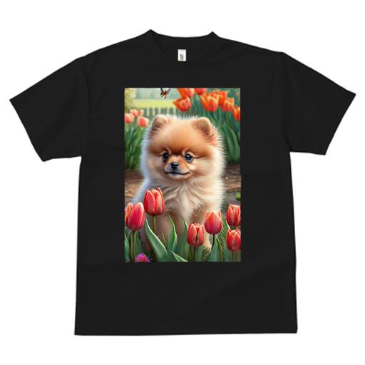ポメラニアン Tシャツ メンズ キッズ 犬ファン 半袖 春夏 犬柄 プリント カジュアル かわいい 人間用 個性派 ここだけのデザイン 面白 チューリップ ポメラニアン 花 庭 春