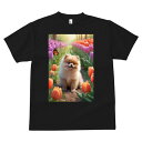 ポメラニアン Tシャツ メンズ キッズ 犬ファン 半袖 春夏 犬柄 プリント カジュアル かわいい 人間用 個性派 ここだけのデザイン 面白 チューリップ ポメラニアン 花 庭 春