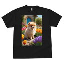 ポメラニアン Tシャツ メンズ キッズ 犬ファン 半袖 春夏 犬柄 プリント カジュアル かわいい 人間用 個性派 ここだけのデザイン 面白 チューリップ ポメラニアン 花 庭 家