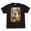 ポメラニアン Tシャツ メンズ キッズ 犬ファン 半袖 春夏 犬柄 プリント カジュアル かわいい 人間用 個性派 ここだけのデザイン 面白 花 ポメラニアン チューリップ 庭 春