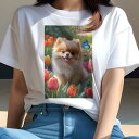 ポメラニアン Tシャツ レディース 犬ファン 半袖 春夏 犬柄 プリント カジュアル かわいい 人間用 個性派 ここだけのデザイン 面白 チューリップ ポメラニアン 庭 花 蝶
