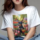 ミニチュアピンシャー Tシャツ レディース 犬ファン 半袖 春夏 犬柄 プリント カジュアル かわいい 人間用 個性派 ここだけのデザイン 面白 チューリップ ミニチュアピンシャー 庭 蝶
