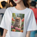 ポメラニアン Tシャツ レディース 犬ファン 半袖 春夏 犬柄 プリント カジュアル かわいい 人間用 個性派 ここだけのデザイン 面白 チューリップ ポメラニアン 庭 花 蝶