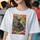 ミニチュアピンシャー Tシャツ レディース 犬ファン 半袖 春夏 犬柄 プリント カジュアル かわいい 人間用 個性派 ここだけのデザイン 面白 チューリップ ミニチュアピンシャー 蝶